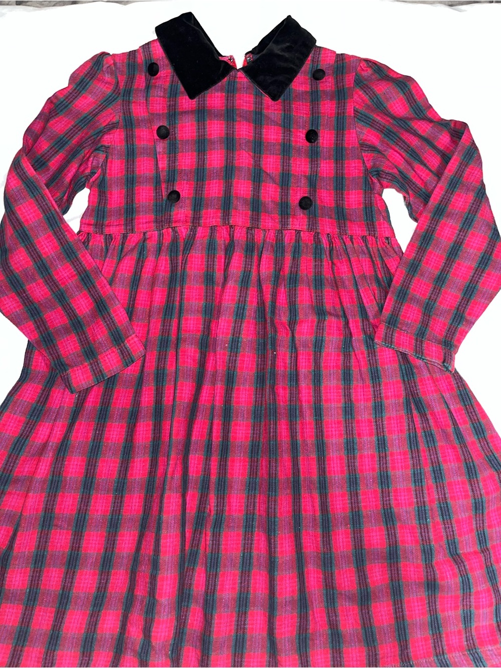 VTG 90s Girls Medium Red Plaid Tartan Dress Black Velvet Collar Zip Back